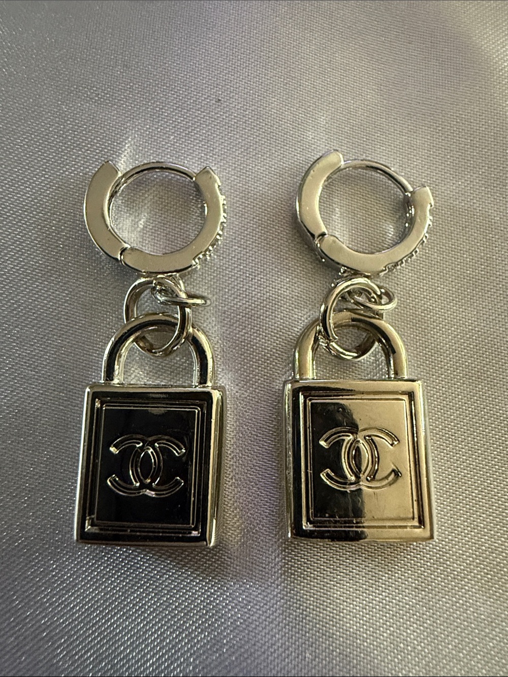 Silver Padlock Drop Earrings with Crystal-Accented Hoops - Picture 2 of 8